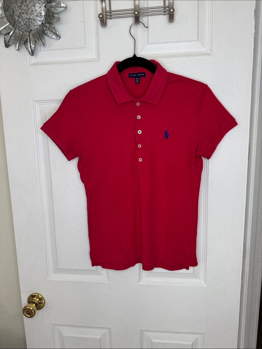 Ralph Lauren Women's Short-Sleeve Polo - Red with Blue Logo Sz M Slim Fit.